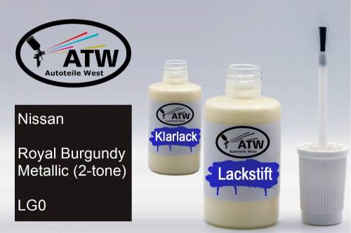 Nissan, Royal Burgundy Metallic (2-tone), LG0: 20ml Lackstift + 20ml Klarlack - Set, von ATW Autoteile West.